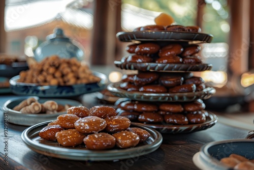 Pyebaek food with chestnuts jujube fruits Yakgwa and Candied Ginger on two plates in South Korea photo