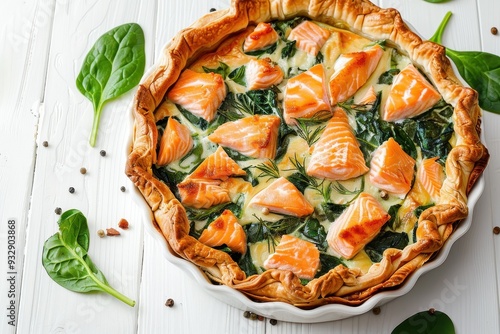 Quice pie with salmon spinach and soft cheese on white wood photo