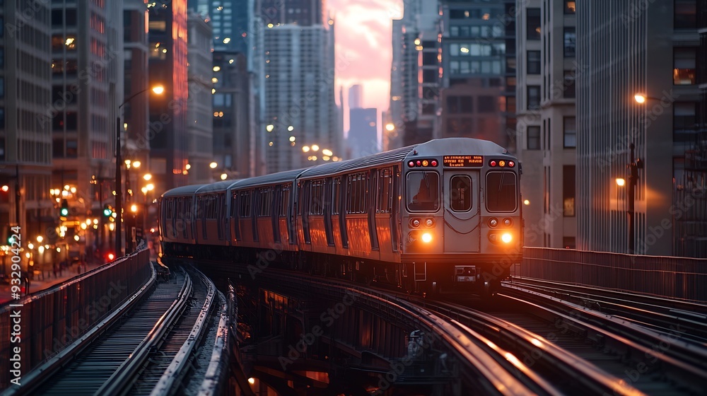 Train passing by over bridge of City of Chicago transport system Illinois USA : Generative AI Train passing by over bridge of City of Chicago transport system Illinois USA : Generative AI
