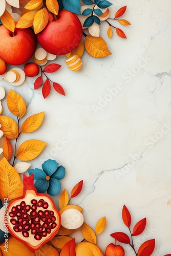 Wallpaper Mural Rosh Hashanah Papercut Art with Pomegranate, Apples, and Honey on Marble Background - Perfect Jewish New Year Design with Empty Space for Text Torontodigital.ca