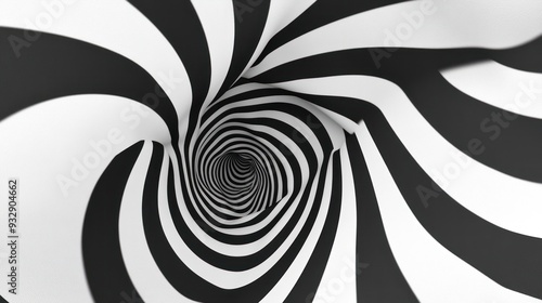 Pattern with optical illusion. Black and white design. Striped background. Abstract tunnel. Rotation and swirling movement. 3d motion illustration for cover, postcard, interior design, decor or print