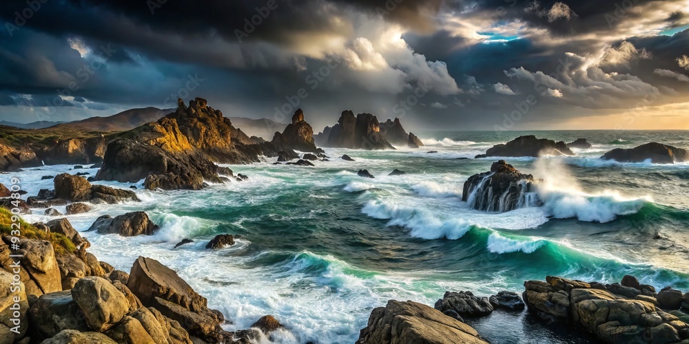 Obraz premium Moody dramatic stormy atmospheric seascape coastal landscape planning rugged rocky shores waves crashing misty mystery concept