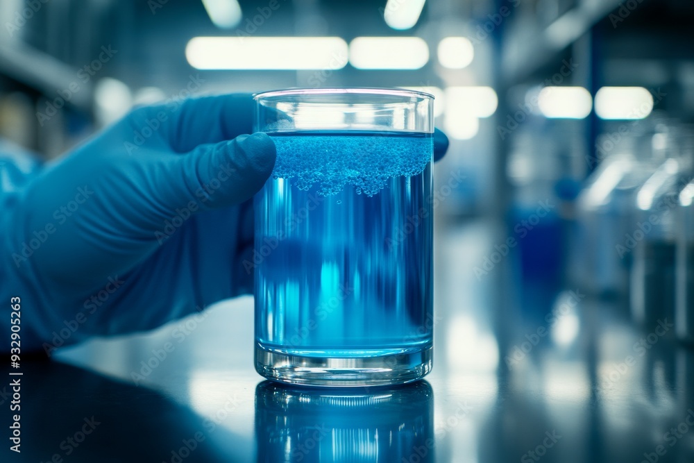 Scientist handling a beaker with blue liquid in a high tech laboratory symbolizing the integration of chemistry biotechnology and advanced research within a controlled environment Scientist handling a beaker with blue liquid in a high tech laboratory symbolizing the integration of chemistry biotechnology and advanced research within a controlled environment
