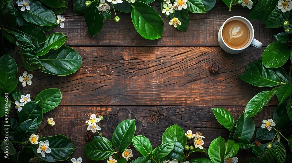 Coffee cup encircled by flowers and green foliage. Generative Ai Coffee cup encircled by flowers and green foliage. Generative Ai