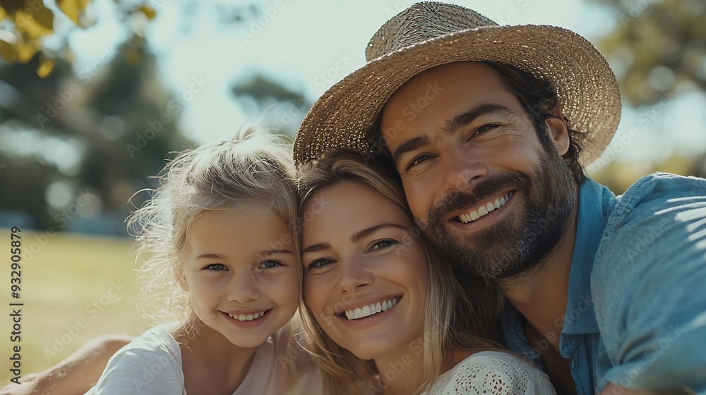 Fototapeta premium Happy cheerful caucasian white family including father mother son and daughter relaxing together at the public park in morning Cheerful family with children going out for picnic at th : Generative AI