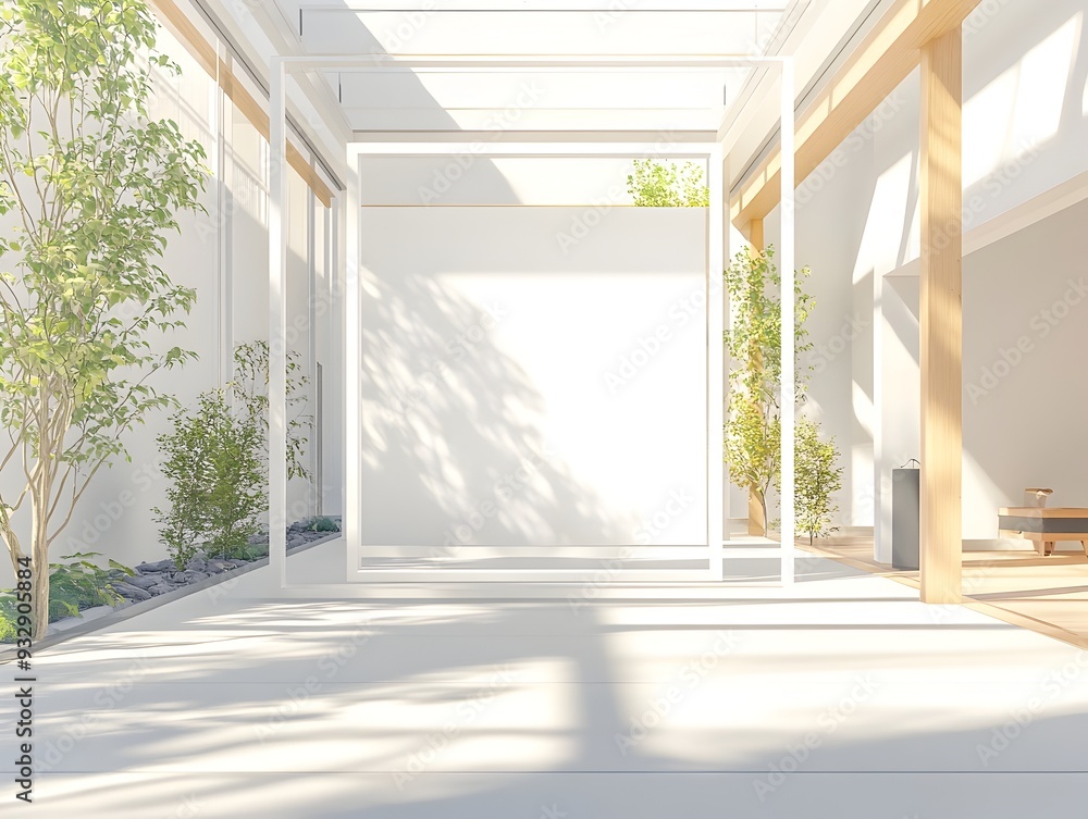 Sleek white metal frame mockup set against a minimalist,open-concept contemporary Japanese-inspired home interior with diffused daylight from skylights,neutral tones,and clean architectural details. Sleek white metal frame mockup set against a minimalist,open-concept contemporary Japanese-inspired home interior with diffused daylight from skylights,neutral tones,and clean architectural details.