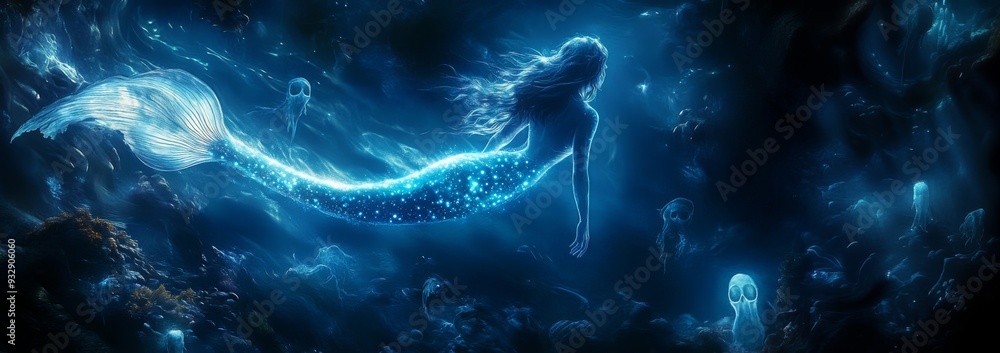 Enchanting Underwater Scene with Glowing Mermaid and Ethereal Sea Creatures in Deep Blue Ocean Enchanting Underwater Scene with Glowing Mermaid and Ethereal Sea Creatures in Deep Blue Ocean