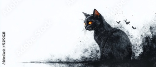 Mysterious Black Cat with Glowing Eyes and Flying Bats in a Dark, Smoky Background - Perfect for Halloween Themes