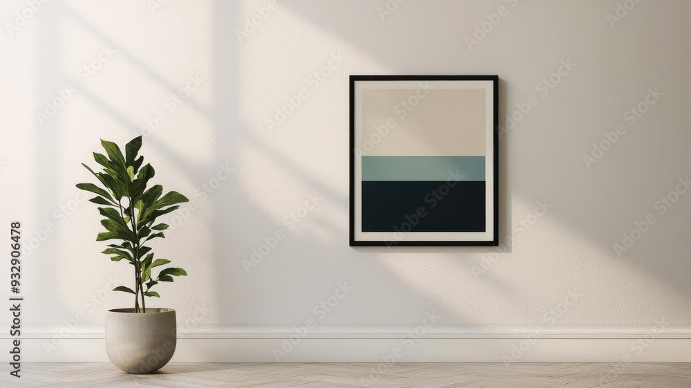Abstract minimalist art print in black frame on a white wall. Abstract minimalist art print in black frame on a white wall.