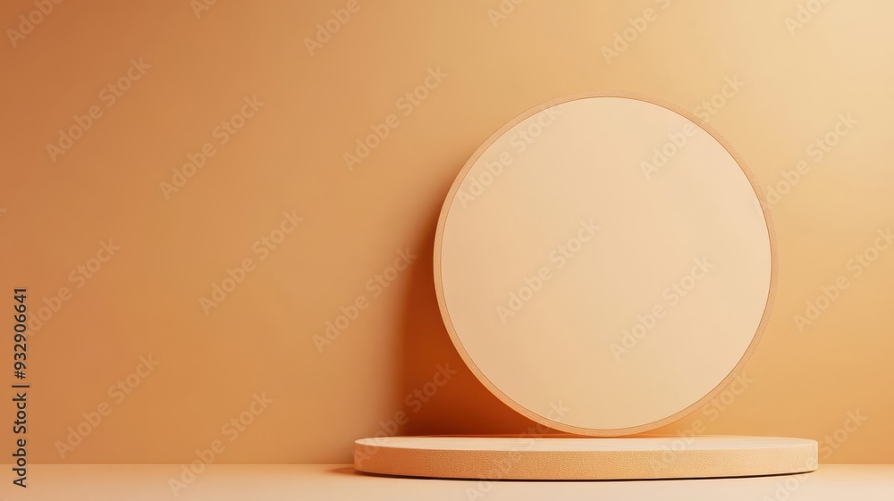 Minimalist product display with a round platform and circle backdrop in beige. Minimalist product display with a round platform and circle backdrop in beige.