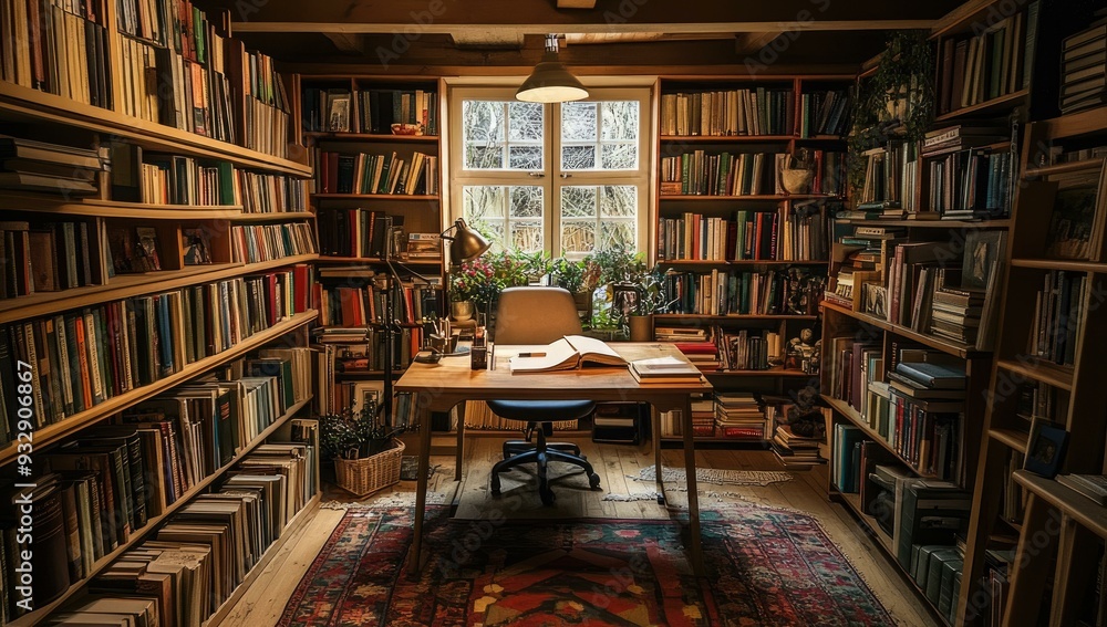 A cozy study filled with bookshelves and a desk. A cozy study filled with bookshelves and a desk.