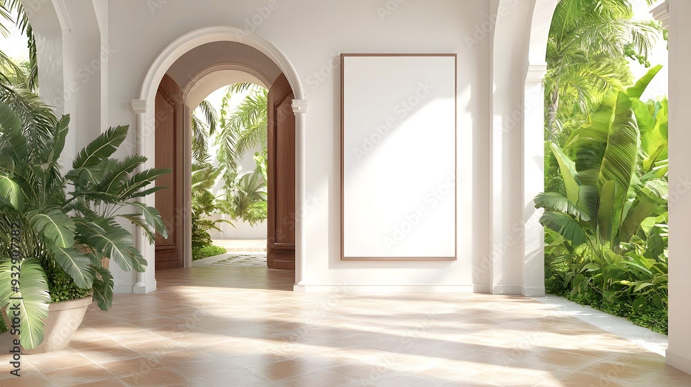 Fototapeta premium Sunlit Mediterranean Villa with Whitewashed Walls Terracotta Tiles and Lush Greenery Framed by Arched Doorways A Mockup of a White Background Frame Inside a Cozy and Inviting Interior Design