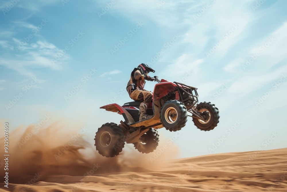Rider doing wheelie on quad bike in desert against sky viewed from side Rider doing wheelie on quad bike in desert against sky viewed from side