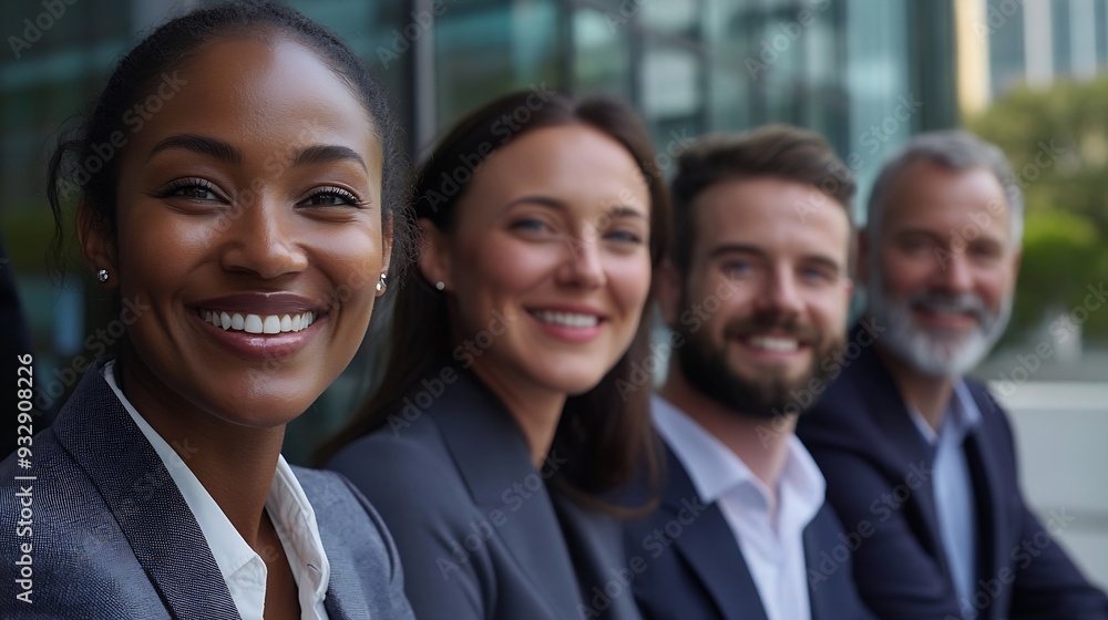 Cheerful smiling team of diverse business people in formal suit looking confident at camera with positive faces gathered outside the work building Happy corporate work team posing for : Generative AI Cheerful smiling team of diverse business people in formal suit looking confident at camera with positive faces gathered outside the work building Happy corporate work team posing for : Generative AI