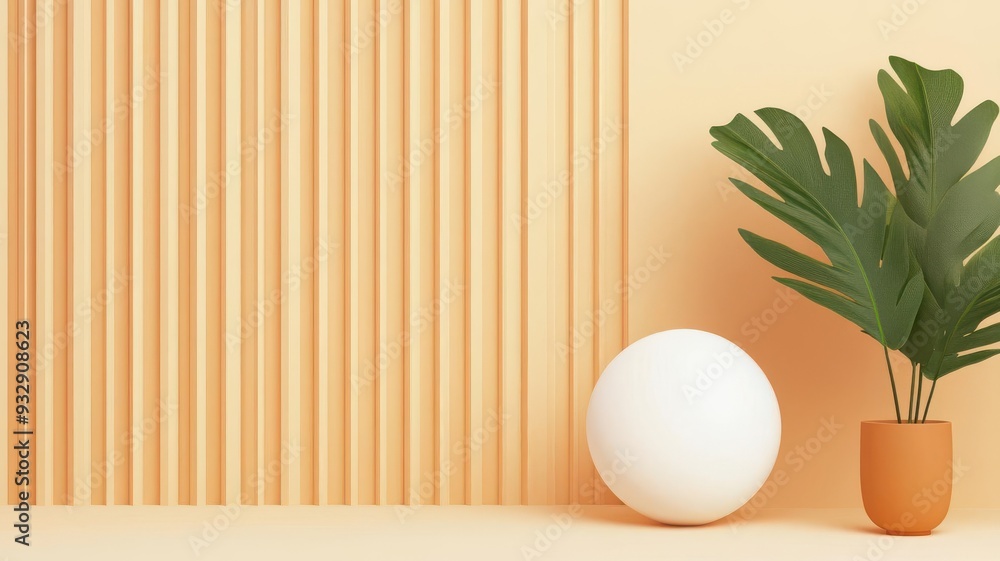 Minimalist 3D scene with a white sphere, plant and wooden panel background Minimalist 3D scene with a white sphere, plant and wooden panel background