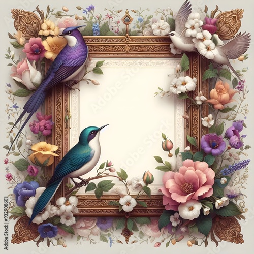 Frame without text of appreciation letter with Iranian flower and nightingale decorations photo