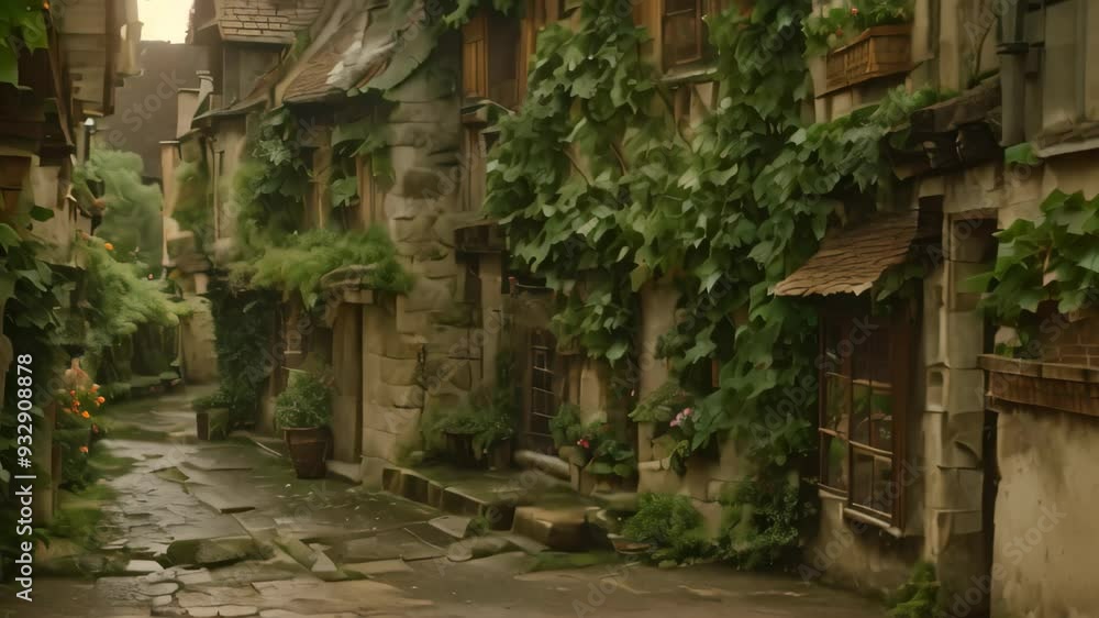 A picturesque view of a charming European village street with cobblestone path and stone buildings A charming European village with cobblestone streets and ivy-covered buildings A picturesque view of a charming European village street with cobblestone path and stone buildings A charming European village with cobblestone streets and ivy-covered buildings