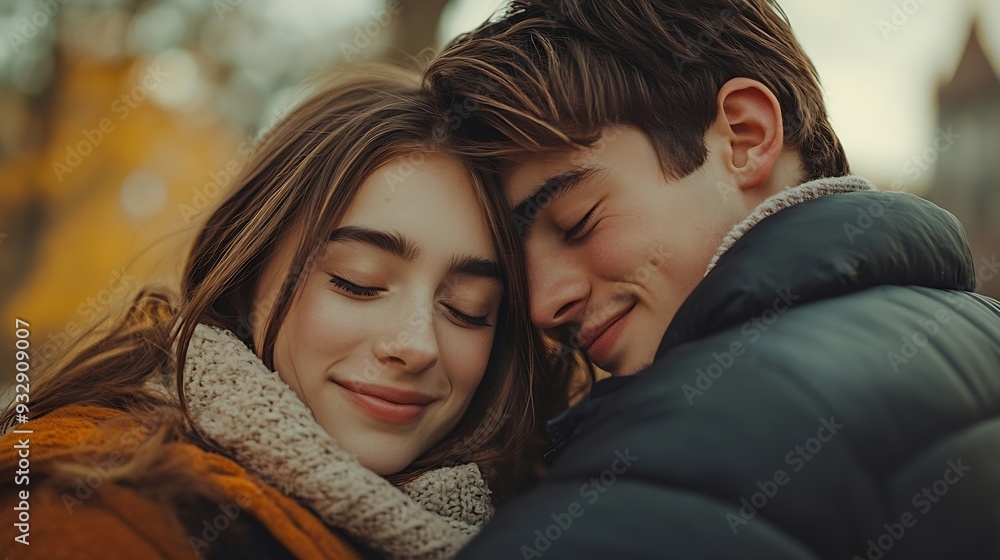 Young couple in love hugging in the park : Generative AI Young couple in love hugging in the park : Generative AI