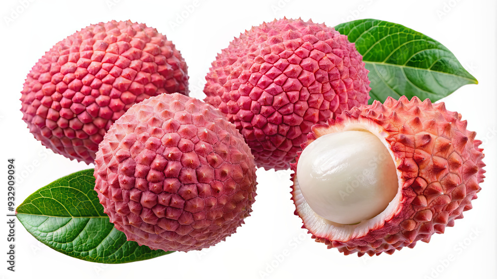 Four fresh lychee fruits, including one peeled, revealing the juicy white flesh, surrounded by green leaves Four fresh lychee fruits, including one peeled, revealing the juicy white flesh, surrounded by green leaves
