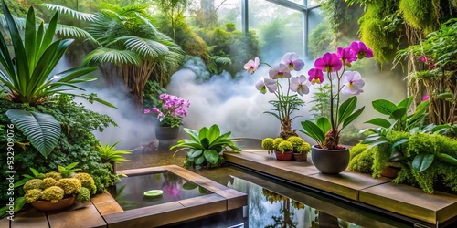 peaceful serene misty morning hydroponic growbed surrounded by delicate orchids and ferns amidst zen natural Japanese garden tranquility photo