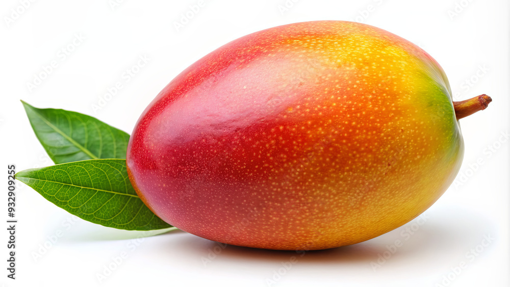 A ripe mango with a vivid color resting beside fresh green leaves, showcasing its glossy skin and natural beauty A ripe mango with a vivid color resting beside fresh green leaves, showcasing its glossy skin and natural beauty