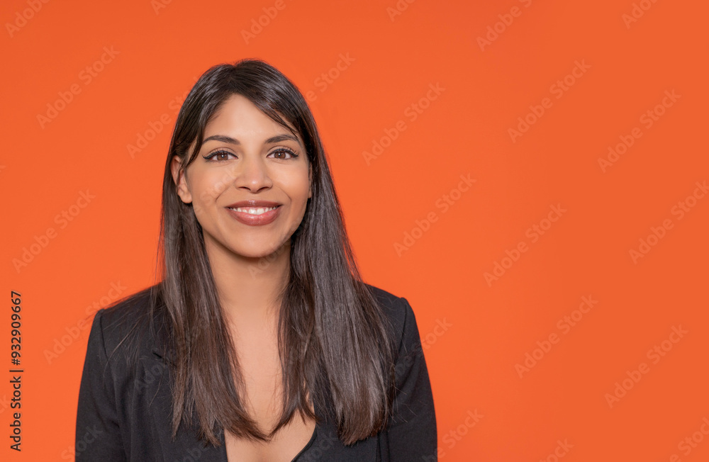 Obraz premium Professional Woman Smiling Against a Vibrant Orange Background in a Studio Setting