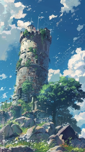 A tall, charming tower stands beneath a bright sky filled with fluffy clouds, framed by vibrant trees and rocky ground, creating a magical atmosphere photo