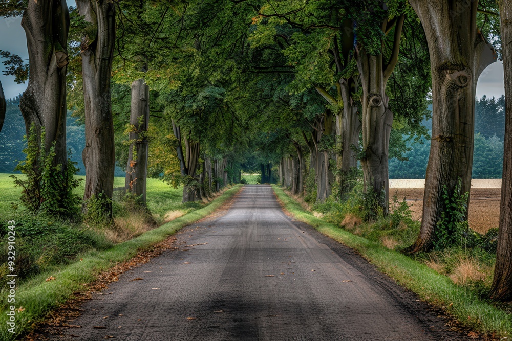 Fototapeta premium Road through countryside with trees and fields