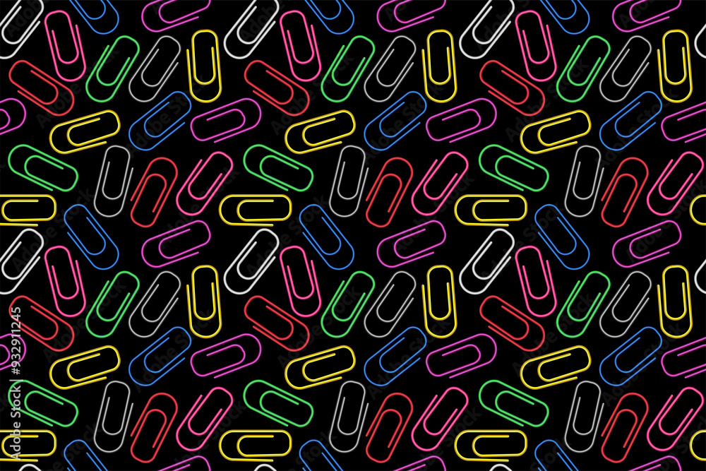 3d paper clips seamless pattern. Colorful bright clips seamless background. Colored paperclip black background. Business or education background. Diversity and creativity concept. 3d paper clips seamless pattern. Colorful bright clips seamless background. Colored paperclip black background. Business or education background. Diversity and creativity concept.