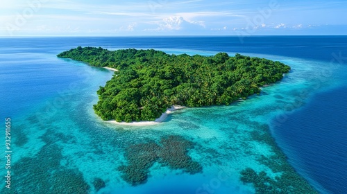 Aerial view of a secluded tropical island with lush vegetation and turquoise waters, Remote tropical island, Paradise getaway