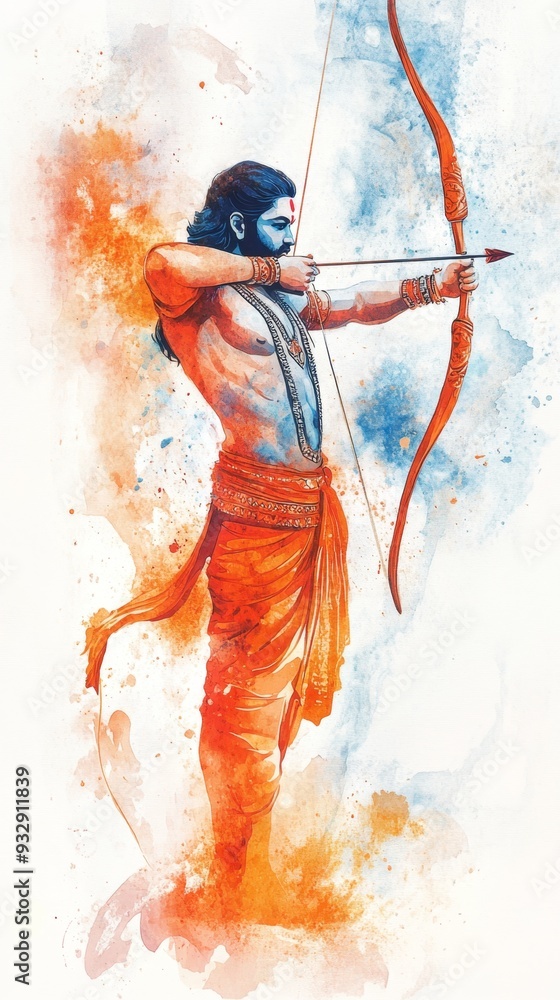 Title: Vibrant Ram Navami Watercolor: Lord Rama with Bow and Arrow. AI ...