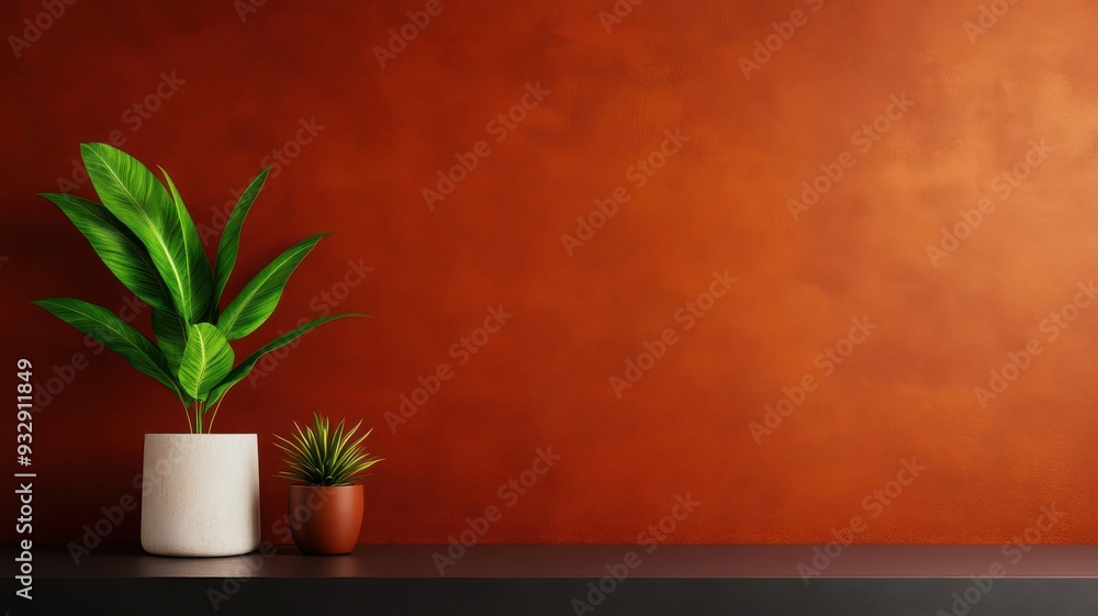 Fototapeta premium Minimalist still life with green plants and a terracotta wall background.