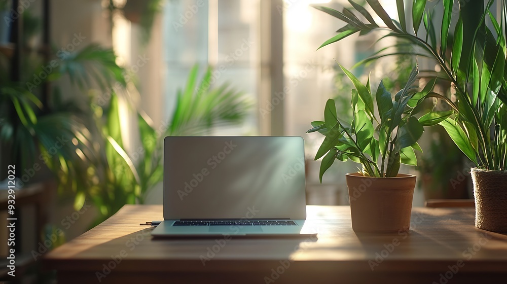 Background image of cozy workplace interior with open laptop on table in foreground and green plants in spacious light office copy space : Generative AI Background image of cozy workplace interior with open laptop on table in foreground and green plants in spacious light office copy space : Generative AI