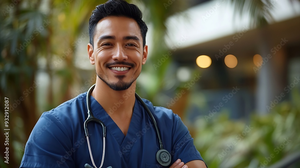 Portrait of smiling male nurse standing in hospital Portrait Of Male Doctor Wearing Scrubs Standing In Modern Hospital Building Male healthcare worker smiling outside portrait : Generative AI Portrait of smiling male nurse standing in hospital Portrait Of Male Doctor Wearing Scrubs Standing In Modern Hospital Building Male healthcare worker smiling outside portrait : Generative AI