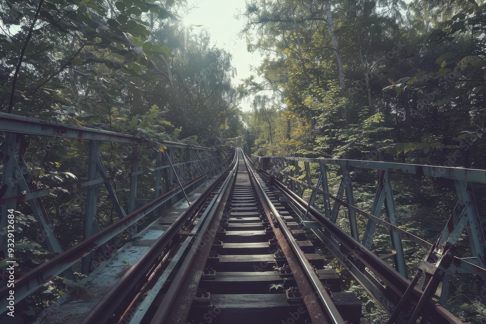 Fototapeta premium Roller coaster on a sunny day amid trees