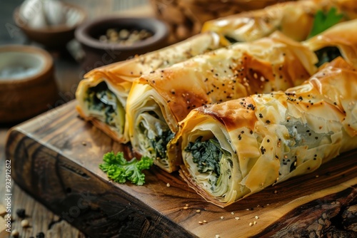 Rolled pastry filled with spinach known as Borek in Turkey and Pita Zeljanica in Bosnia made from phyllo photo