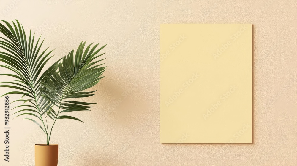 Blank canvas mockup on a beige wall with a green plant. Blank canvas mockup on a beige wall with a green plant.