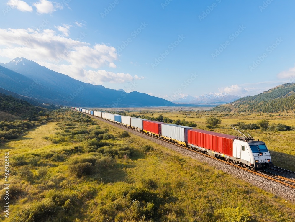 A cargo train traveling through a picturesque landscape, surrounded by mountains and open fields, showcasing the beauty of transport. A cargo train traveling through a picturesque landscape, surrounded by mountains and open fields, showcasing the beauty of transport.