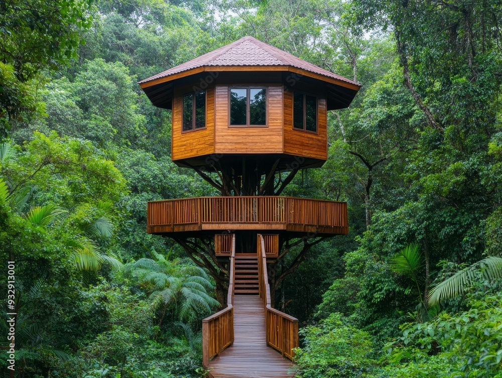 A charming wooden treehouse nestled in a lush green forest, accessible by a winding wooden walkway. A charming wooden treehouse nestled in a lush green forest, accessible by a winding wooden walkway.
