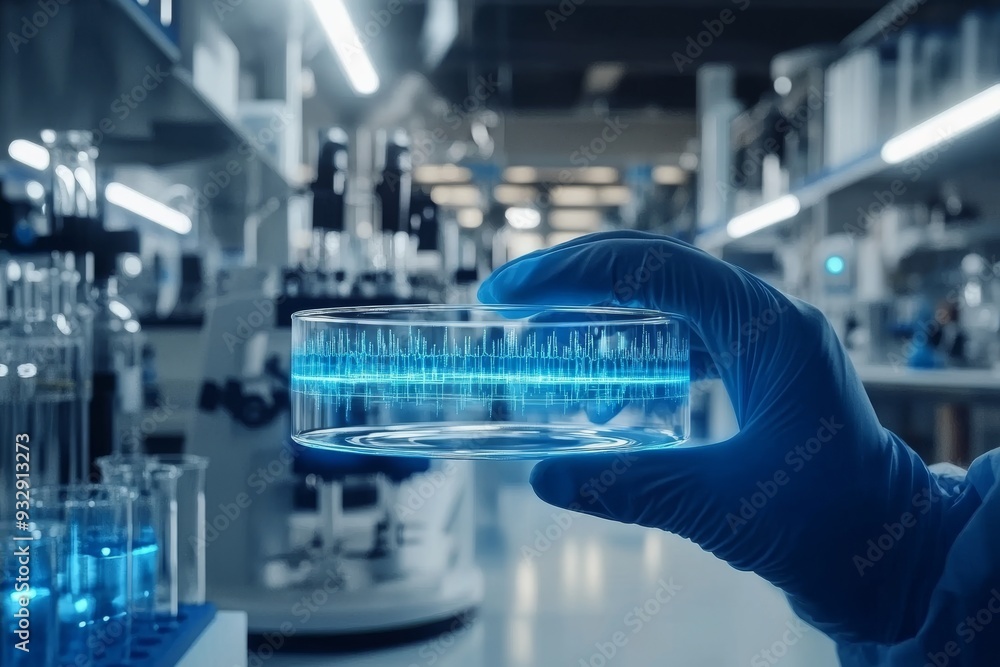 Gloved hand holding a Petri dish with a glowing blue digital network symbolizing the integration of biotechnology digital innovation and network science in a futuristic research environment Gloved hand holding a Petri dish with a glowing blue digital network symbolizing the integration of biotechnology digital innovation and network science in a futuristic research environment