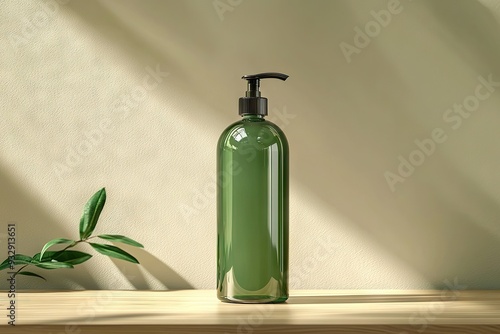 Green Facial Cleanser Bottle Mock-up on Wooden Table with Plant Accent