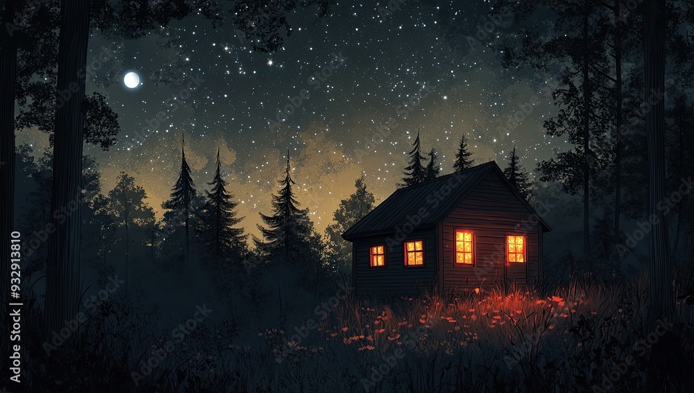 Cabin lit in the woods under a starry night. Cabin lit in the woods under a starry night.