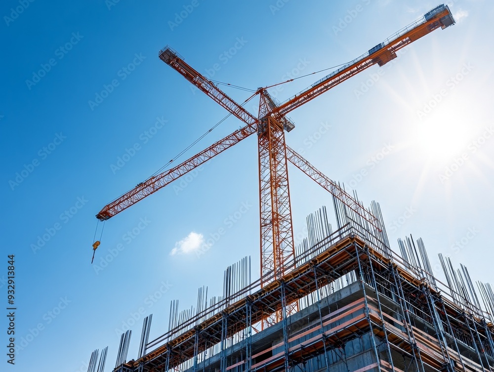 A construction crane stands tall against a clear blue sky, working on a high-rise building under construction. A construction crane stands tall against a clear blue sky, working on a high-rise building under construction.