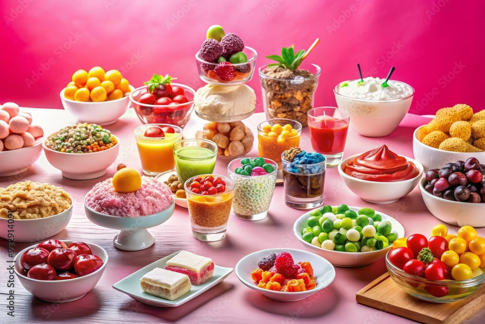 Vibrant douhua dessert bar colorful toppings and sauces against pastel pink background fun playful modern style bright bold colors low angle shot Vibrant douhua dessert bar colorful toppings and sauces against pastel pink background fun playful modern style bright bold colors low angle shot