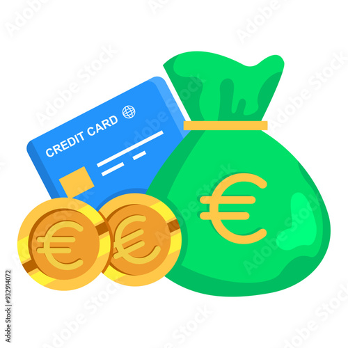 An illustration showing a green money bag with a Euro symbol, coins, and a blue credit card beside it.