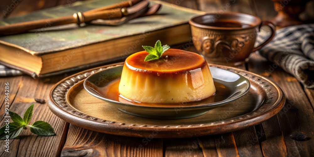 Mexican Flan, smooth and creamy, with caramelized sugar rim, resting on a vintage cookbook, amidst warm golden tones and a cozy kitchen atmosphere. Mexican Flan, smooth and creamy, with caramelized sugar rim, resting on a vintage cookbook, amidst warm golden tones and a cozy kitchen atmosphere.
