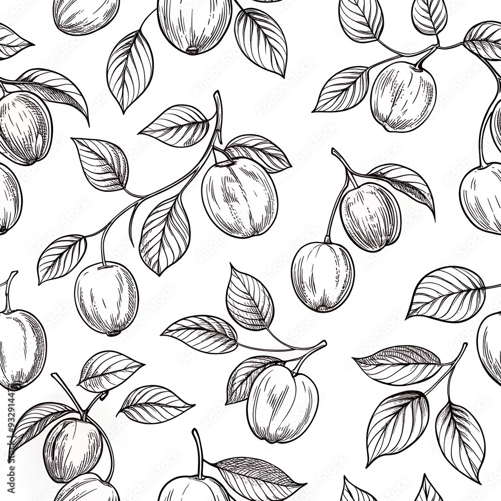 Detailed botanical illustration of plums symbolizing the bounty of autumn harvest and Thanksgiving, presented in a linear graphic style reminiscent of a classic botanical artwork Detailed botanical illustration of plums symbolizing the bounty of autumn harvest and Thanksgiving, presented in a linear graphic style reminiscent of a classic botanical artwork