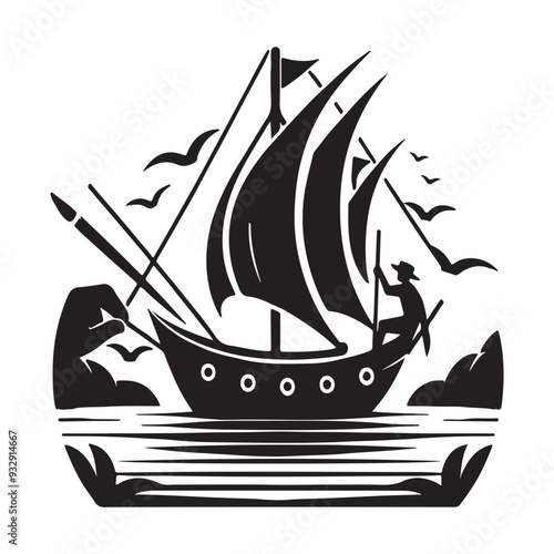 A Ship with silhouette vector style, white background
