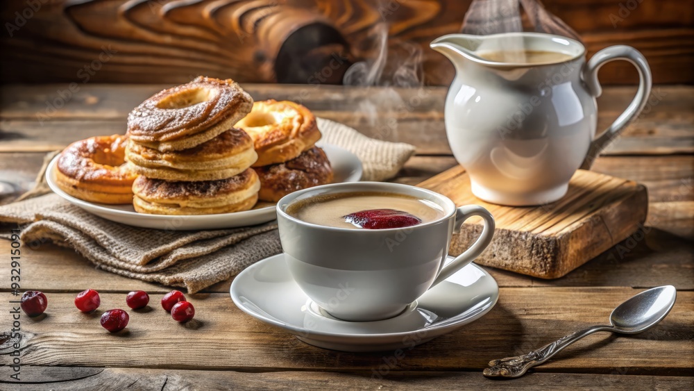 Cozy morning vignette with steaming cup and saucer surrounded by Milk Jam mix and crumbly pastry Cozy morning vignette with steaming cup and saucer surrounded by Milk Jam mix and crumbly pastry