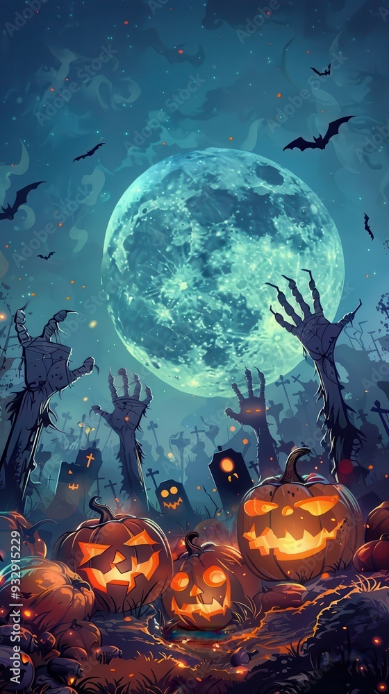 Glowing jack-o'-lanterns and eerie zombie hands reach from a graveyard beneath a luminous full moon on Halloween night Glowing jack-o'-lanterns and eerie zombie hands reach from a graveyard beneath a luminous full moon on Halloween night